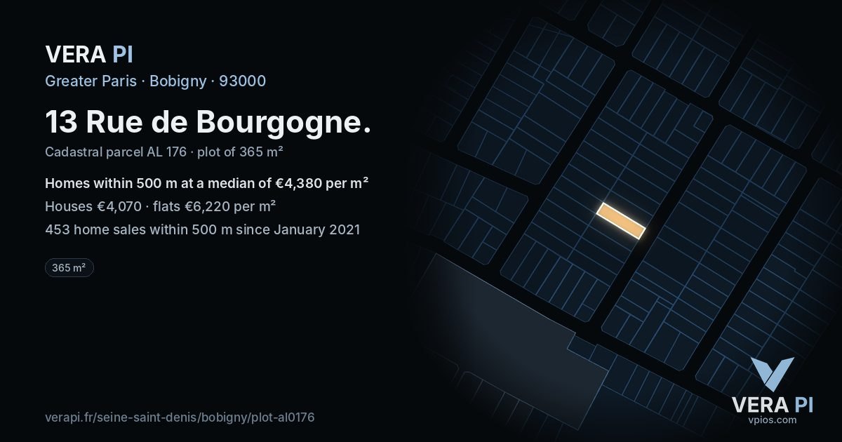 13 Rue de Bourgogne, Bobigny at night – the plot lit, the parcels around coloured by the prices near them