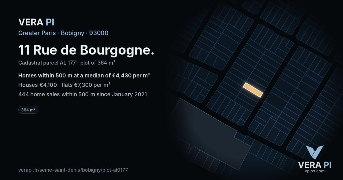 11 Rue de Bourgogne, Bobigny at night – the plot lit, the parcels around coloured by the prices near them