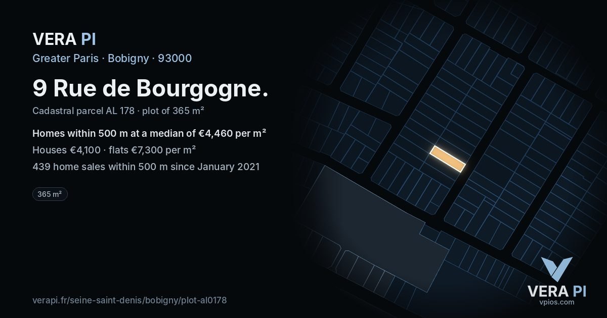 9 Rue de Bourgogne, Bobigny at night – the plot lit, the parcels around coloured by the prices near them