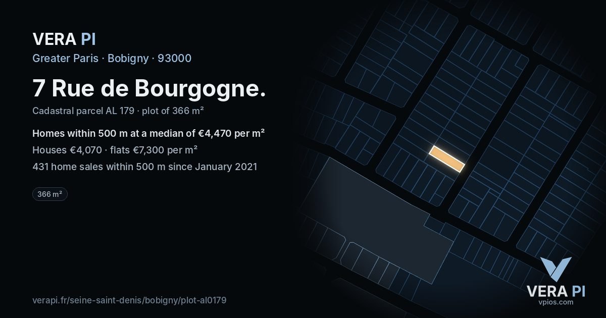 7 Rue de Bourgogne, Bobigny at night – the plot lit, the parcels around coloured by the prices near them