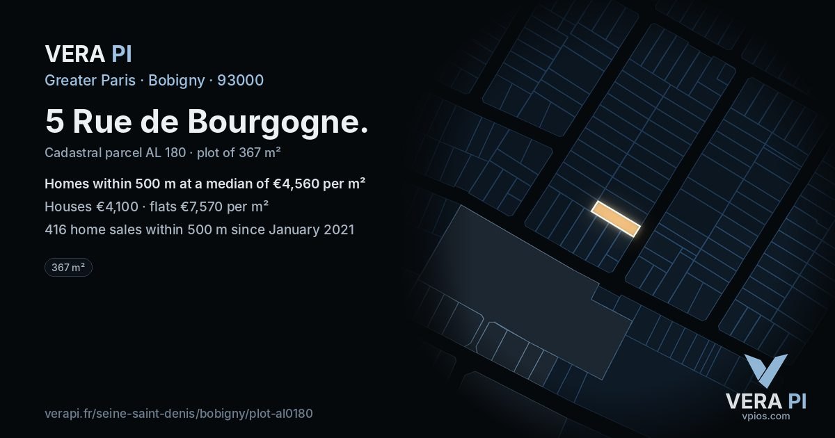 5 Rue de Bourgogne, Bobigny at night – the plot lit, the parcels around coloured by the prices near them