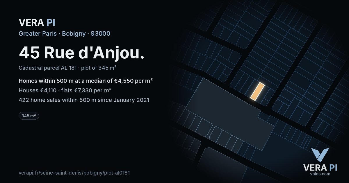 45 Rue d'Anjou, Bobigny at night – the plot lit, the parcels around coloured by the prices near them