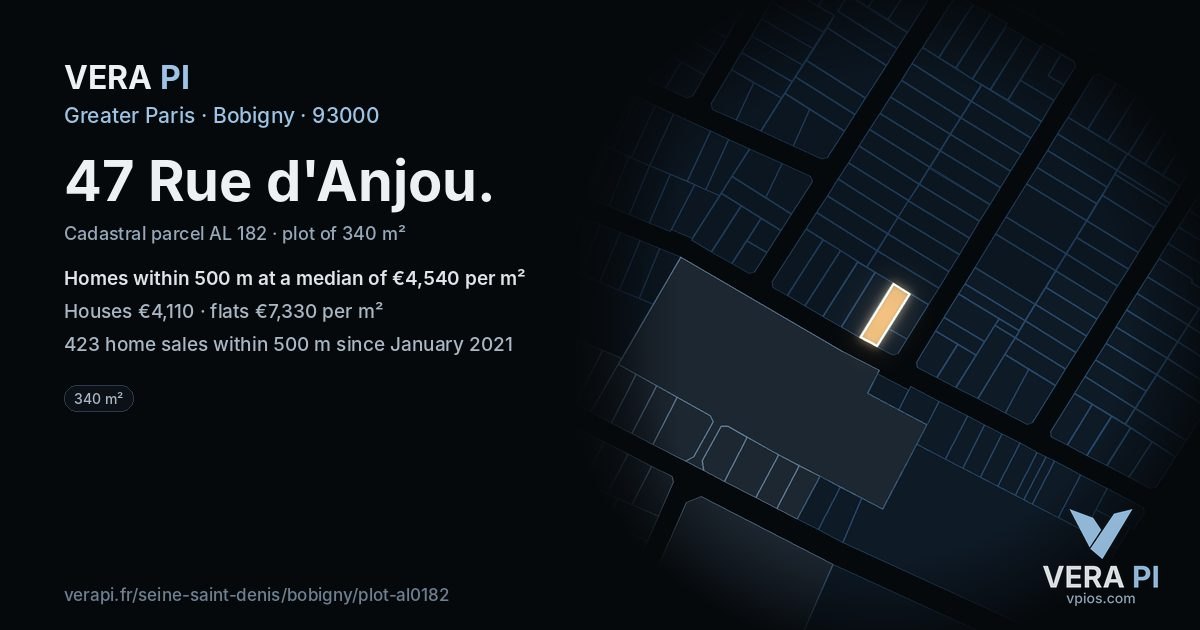 47 Rue d'Anjou, Bobigny at night – the plot lit, the parcels around coloured by the prices near them