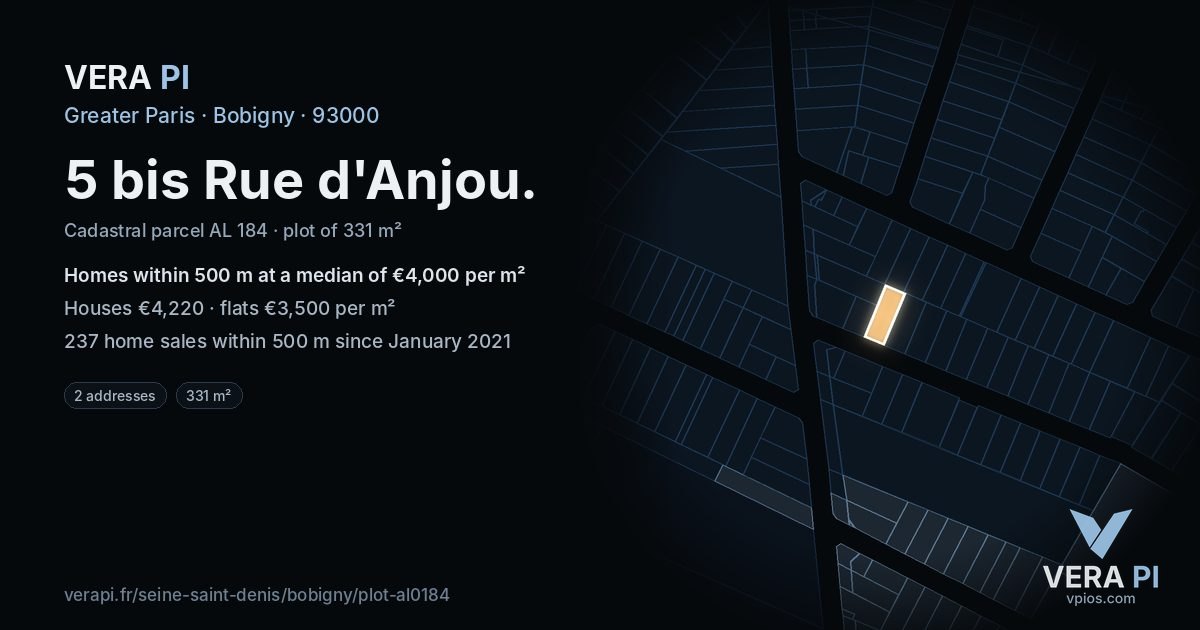 5 bis Rue d'Anjou, Bobigny at night – the plot lit, the parcels around coloured by the prices near them