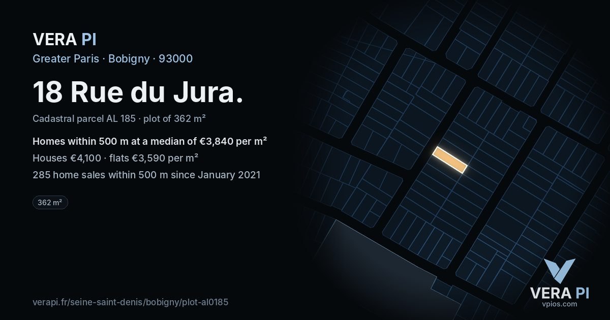 18 Rue du Jura, Bobigny at night – the plot lit, the parcels around coloured by the prices near them