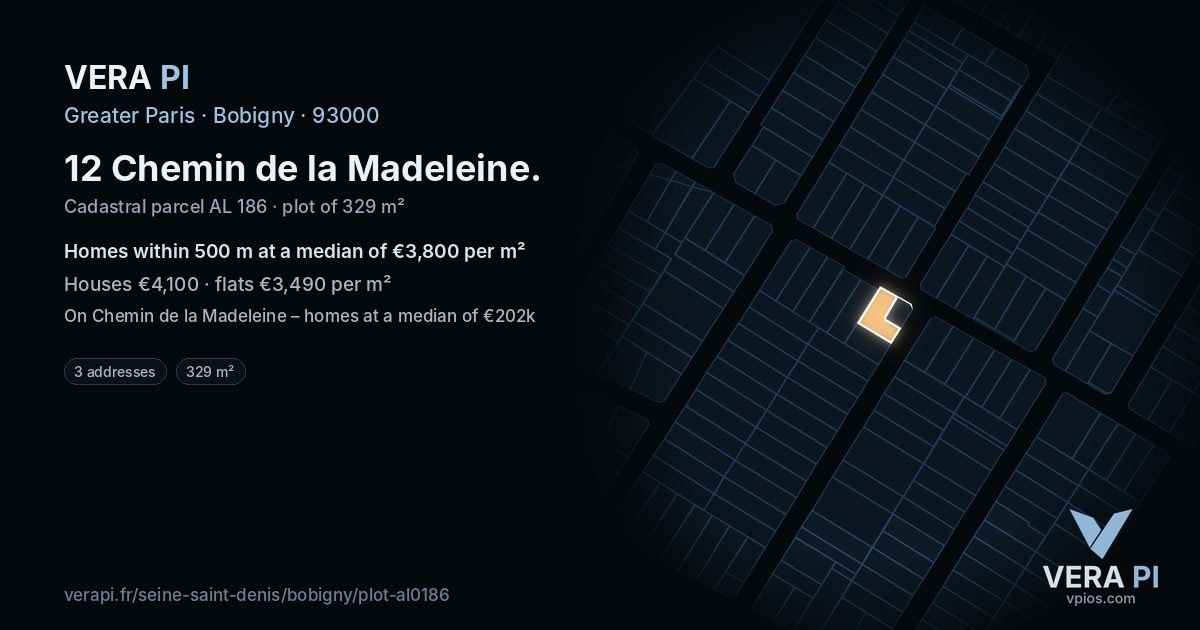 12 Chemin de la Madeleine, Bobigny at night – the plot lit, the parcels around coloured by the prices near them