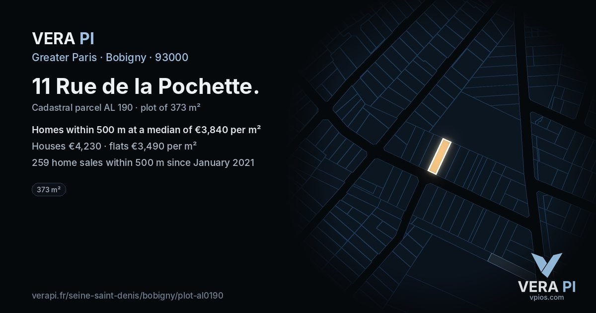 11 Rue de la Pochette, Bobigny at night – the plot lit, the parcels around coloured by the prices near them