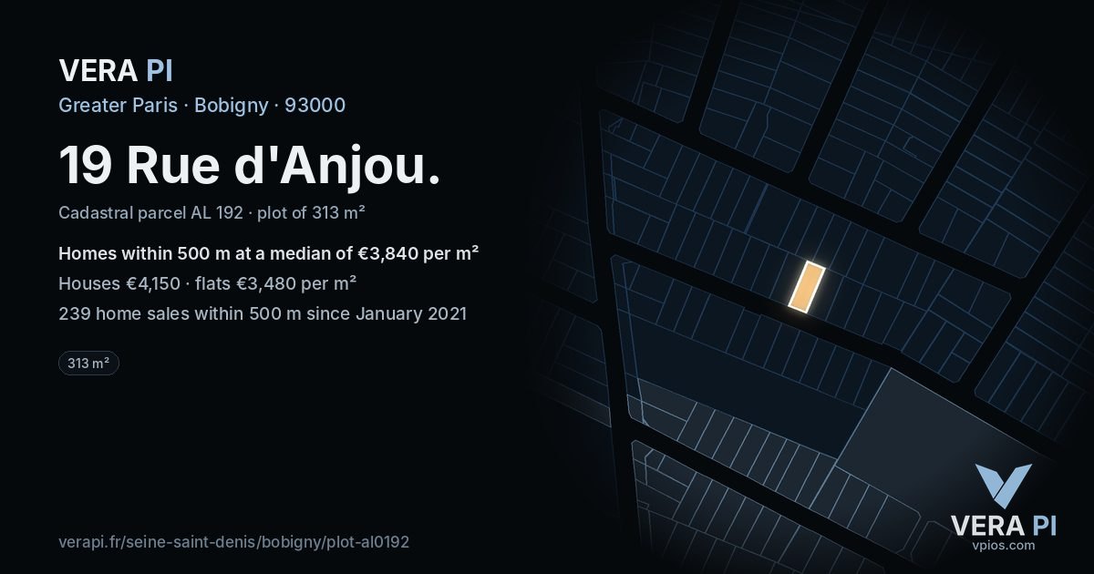 19 Rue d'Anjou, Bobigny at night – the plot lit, the parcels around coloured by the prices near them