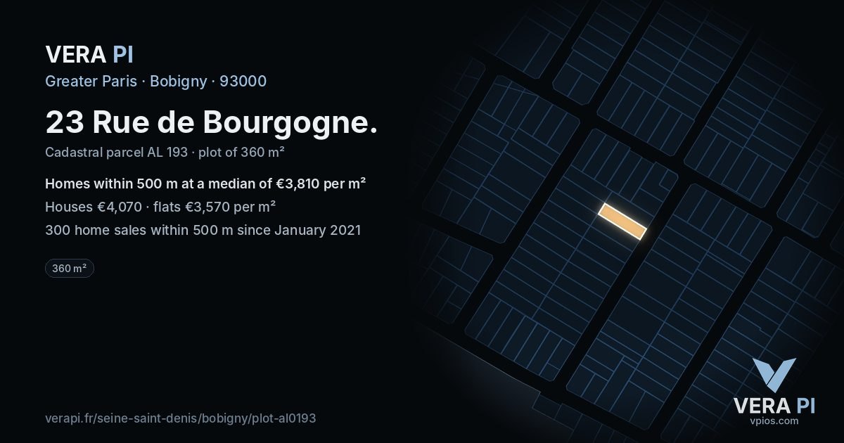 23 Rue de Bourgogne, Bobigny at night – the plot lit, the parcels around coloured by the prices near them