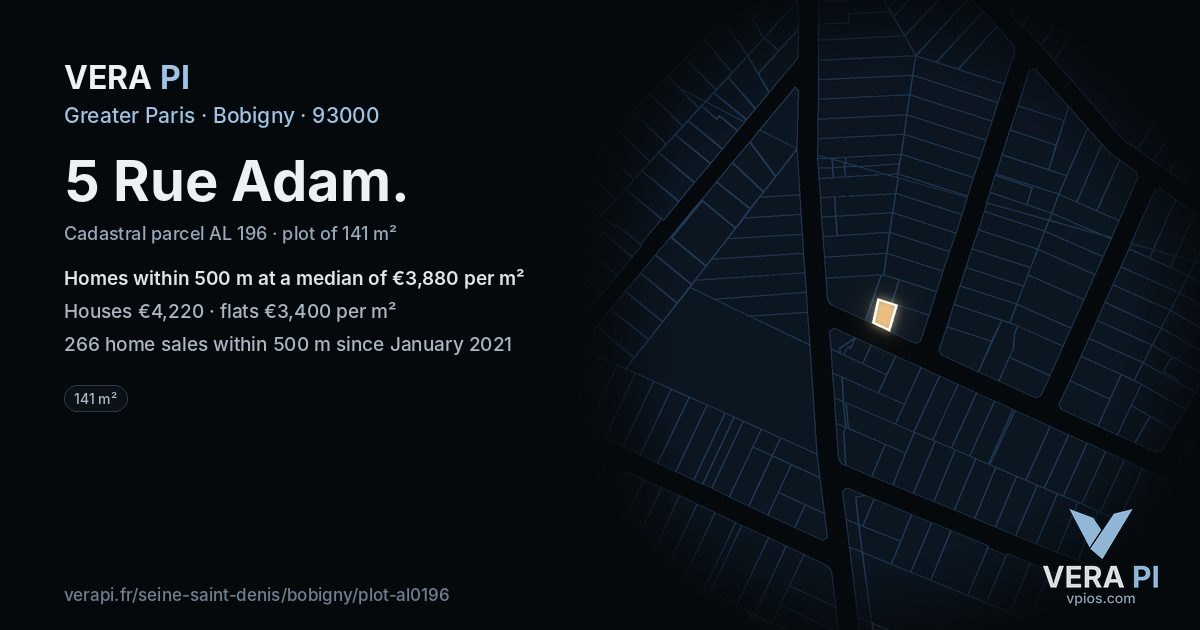 5 Rue Adam, Bobigny at night – the plot lit, the parcels around coloured by the prices near them