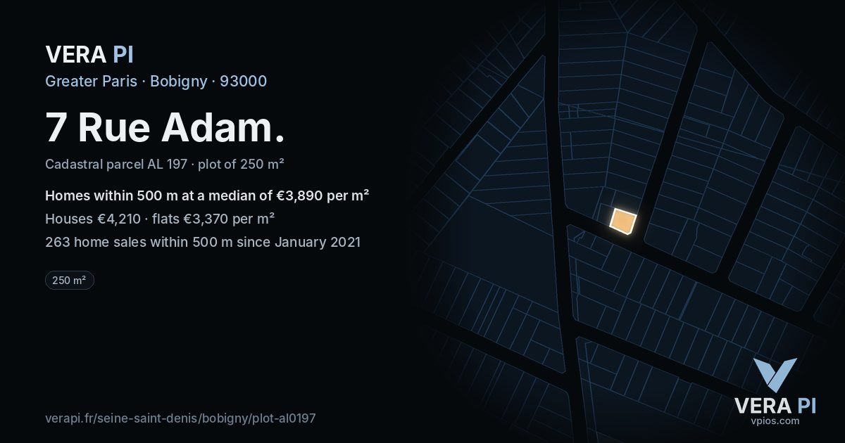 7 Rue Adam, Bobigny at night – the plot lit, the parcels around coloured by the prices near them