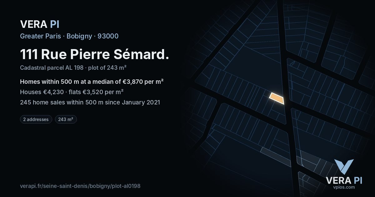 111 Rue Pierre Sémard, Bobigny at night – the plot lit, the parcels around coloured by the prices near them