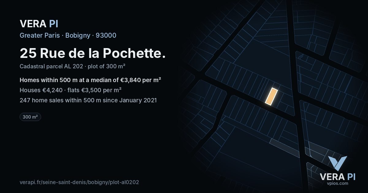 25 Rue de la Pochette, Bobigny at night – the plot lit, the parcels around coloured by the prices near them
