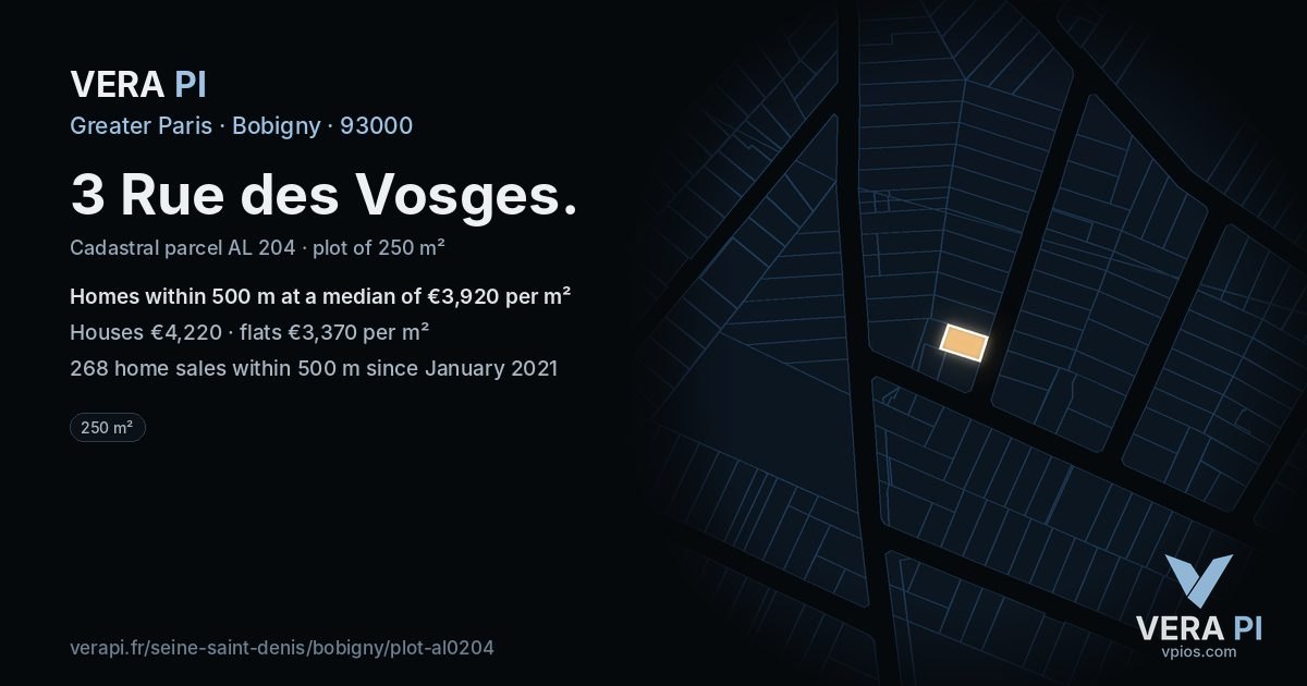 3 Rue des Vosges, Bobigny at night – the plot lit, the parcels around coloured by the prices near them