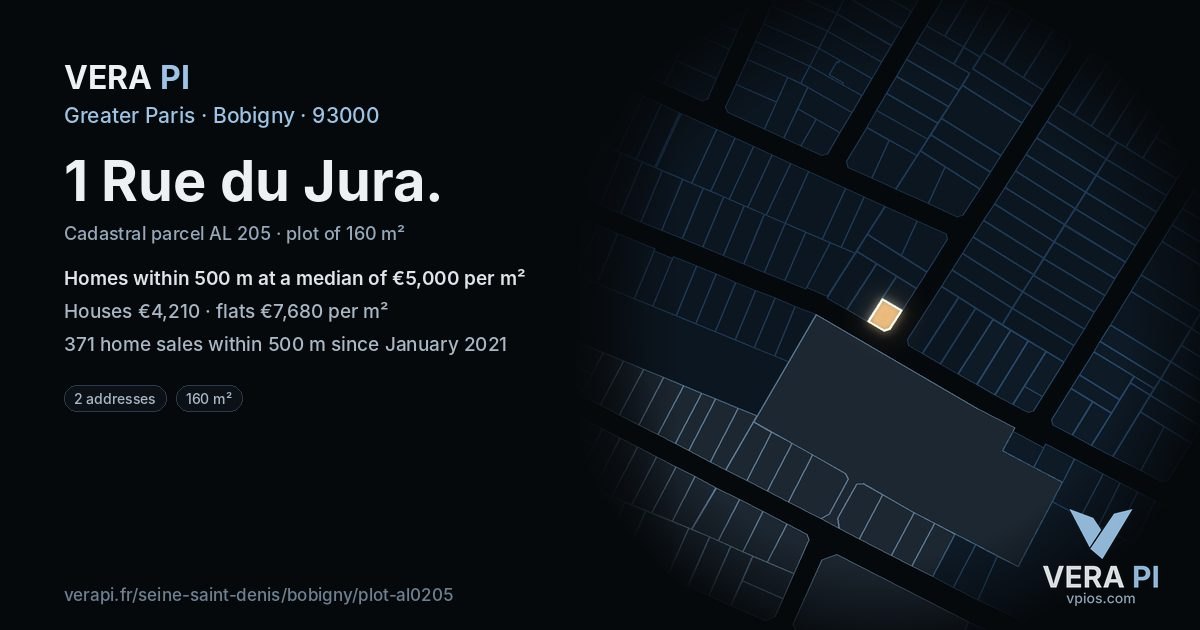1 Rue du Jura, Bobigny at night – the plot lit, the parcels around coloured by the prices near them