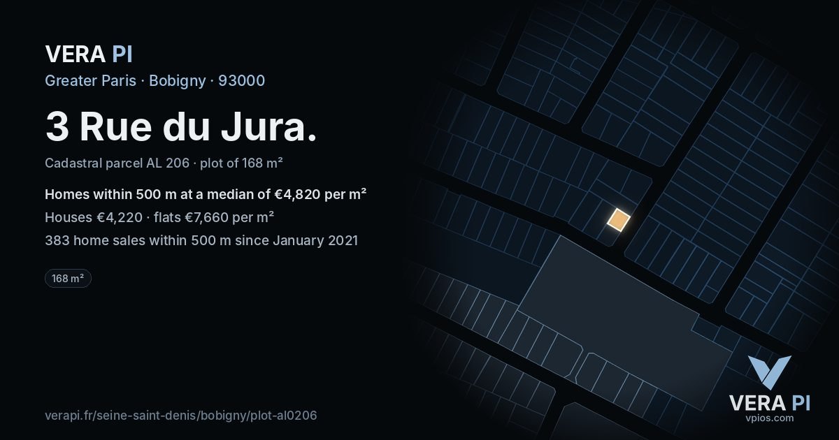 3 Rue du Jura, Bobigny at night – the plot lit, the parcels around coloured by the prices near them
