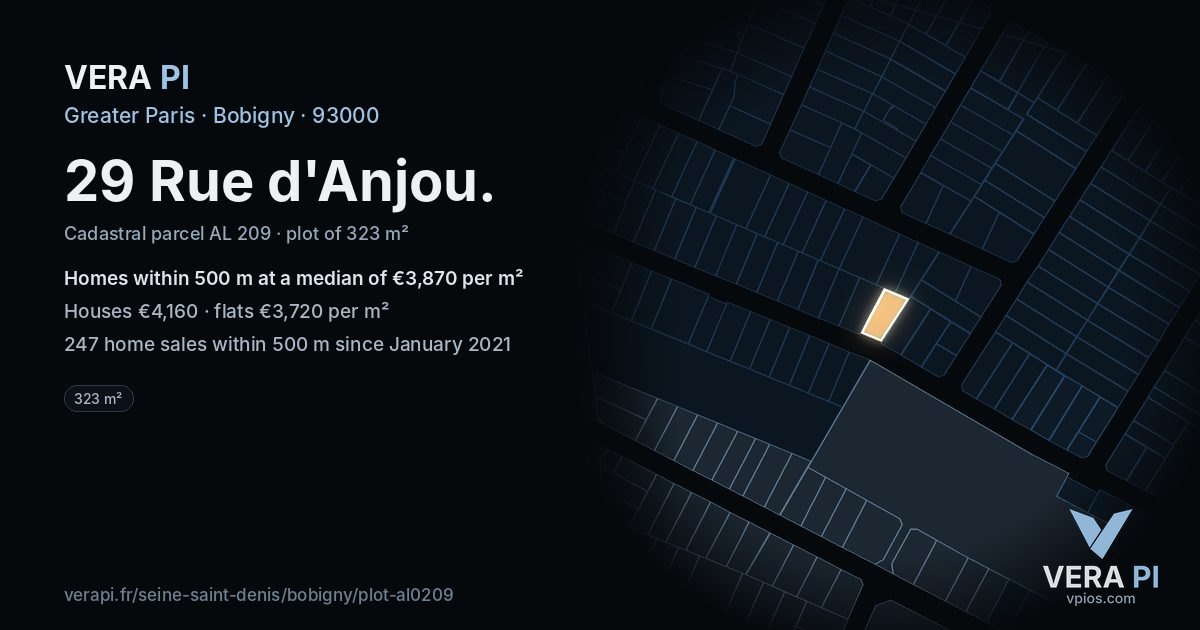 29 Rue d'Anjou, Bobigny at night – the plot lit, the parcels around coloured by the prices near them