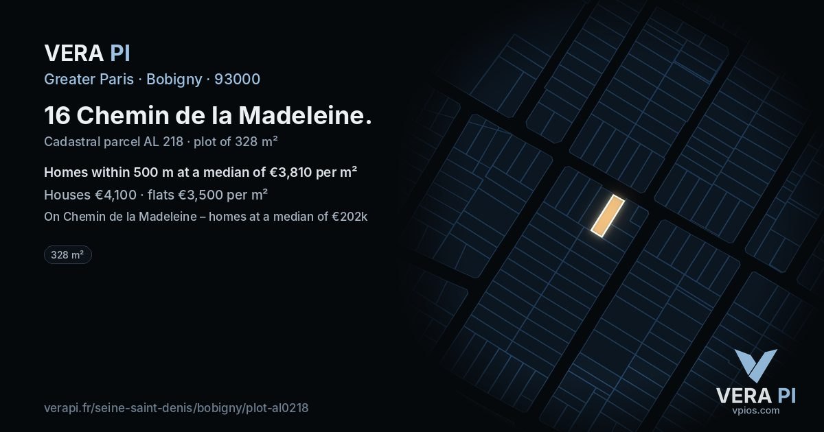 16 Chemin de la Madeleine, Bobigny at night – the plot lit, the parcels around coloured by the prices near them