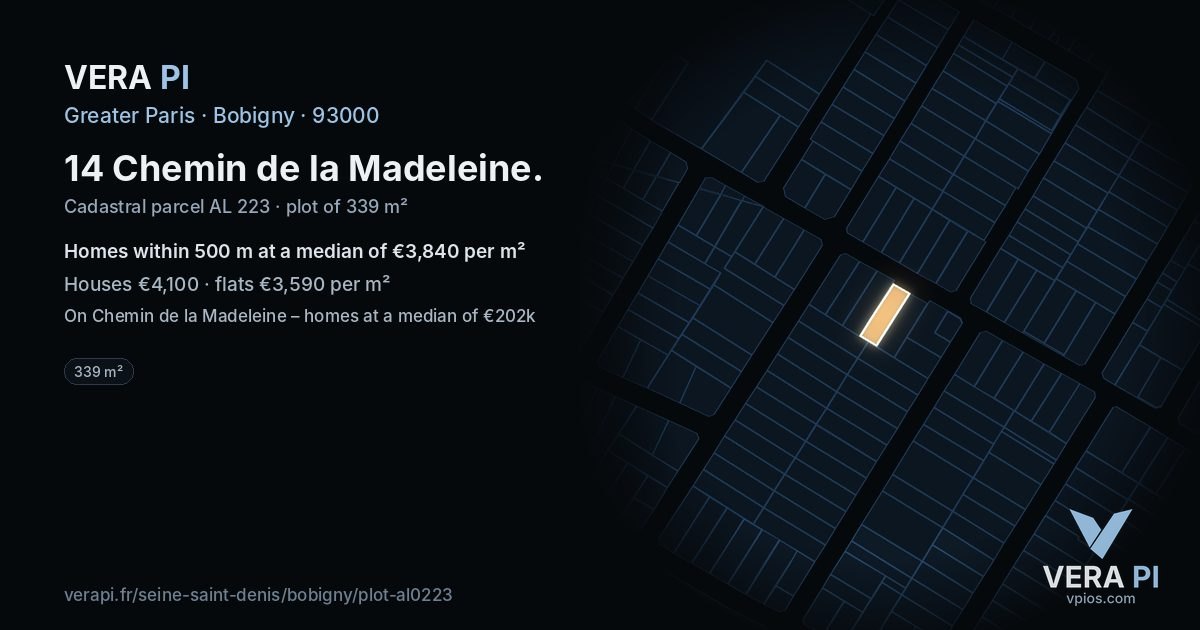14 Chemin de la Madeleine, Bobigny at night – the plot lit, the parcels around coloured by the prices near them