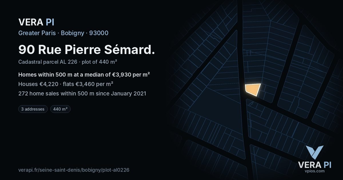 90 Rue Pierre Sémard, Bobigny at night – the plot lit, the parcels around coloured by the prices near them