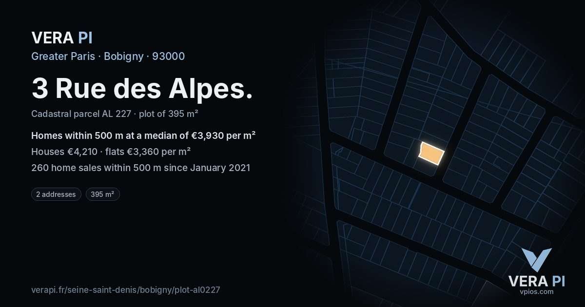 3 Rue des Alpes, Bobigny at night – the plot lit, the parcels around coloured by the prices near them
