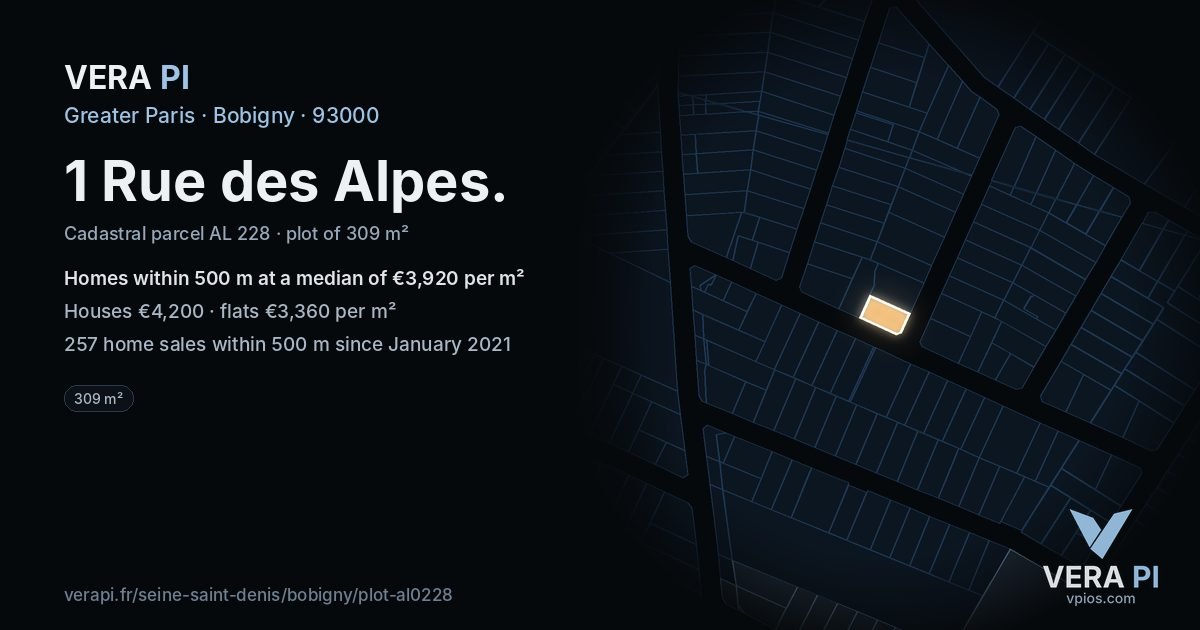 1 Rue des Alpes, Bobigny at night – the plot lit, the parcels around coloured by the prices near them