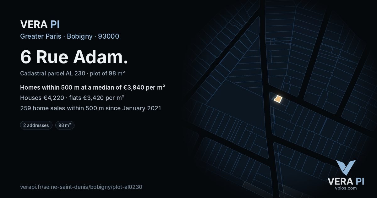 6 Rue Adam, Bobigny at night – the plot lit, the parcels around coloured by the prices near them
