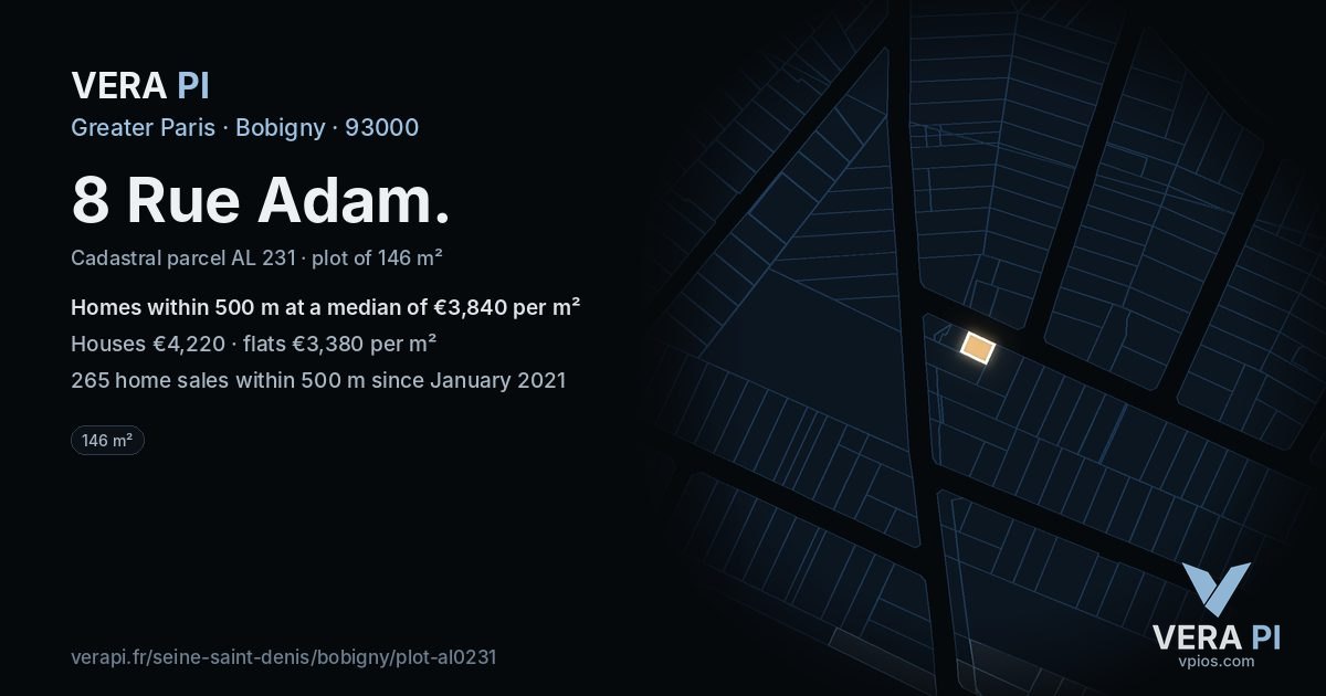 8 Rue Adam, Bobigny at night – the plot lit, the parcels around coloured by the prices near them