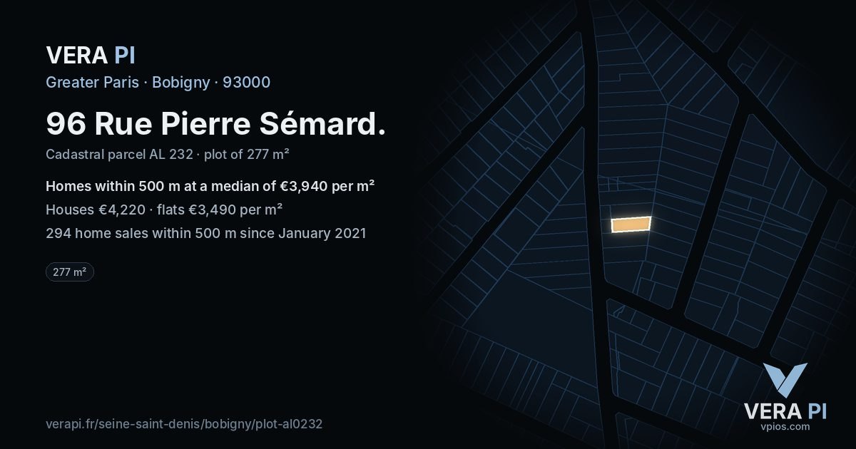 96 Rue Pierre Sémard, Bobigny at night – the plot lit, the parcels around coloured by the prices near them