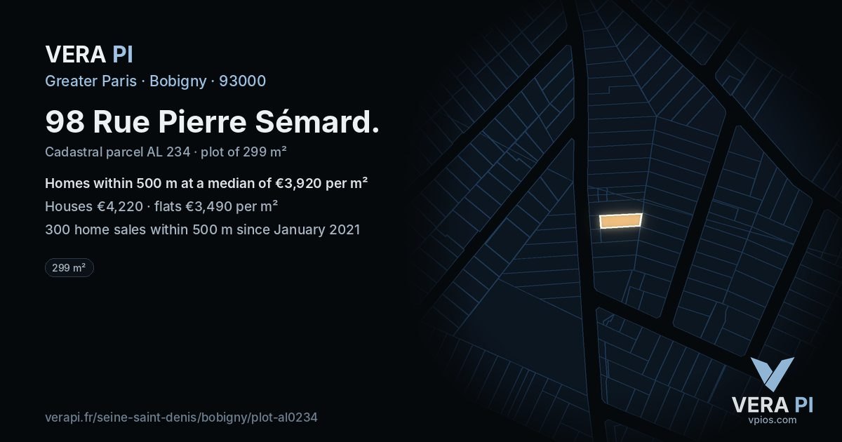 98 Rue Pierre Sémard, Bobigny at night – the plot lit, the parcels around coloured by the prices near them