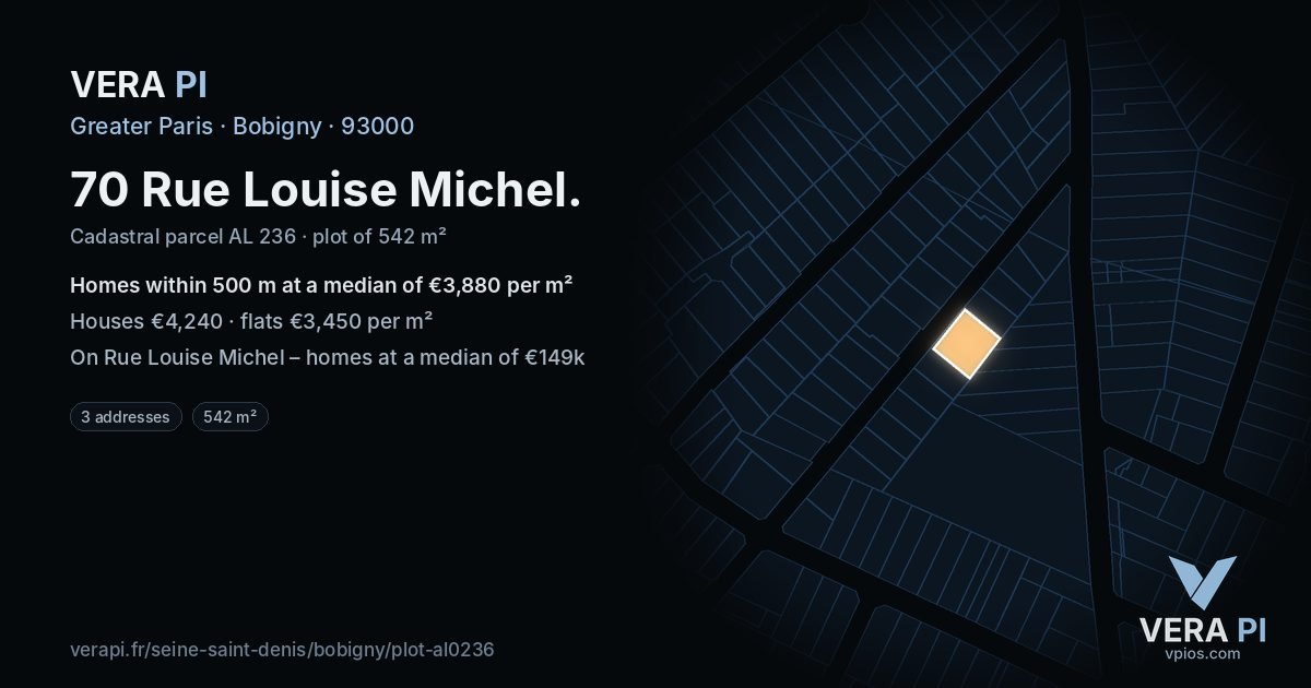 70 Rue Louise Michel, Bobigny at night – the plot lit, the parcels around coloured by the prices near them