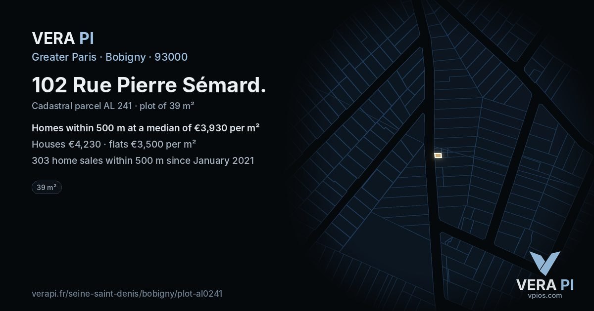 102 Rue Pierre Sémard, Bobigny at night – the plot lit, the parcels around coloured by the prices near them