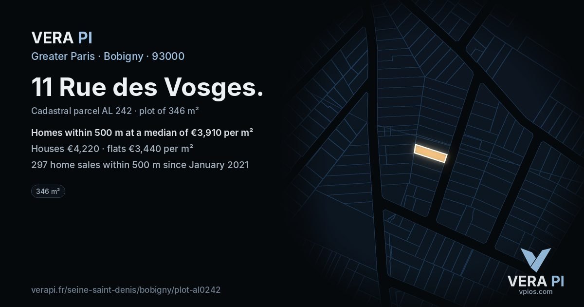 11 Rue des Vosges, Bobigny at night – the plot lit, the parcels around coloured by the prices near them
