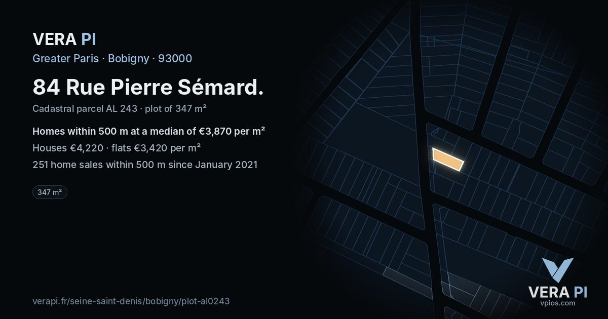 84 Rue Pierre Sémard, Bobigny at night – the plot lit, the parcels around coloured by the prices near them