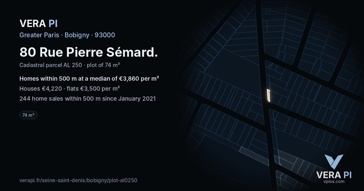 80 Rue Pierre Sémard, Bobigny at night – the plot lit, the parcels around coloured by the prices near them
