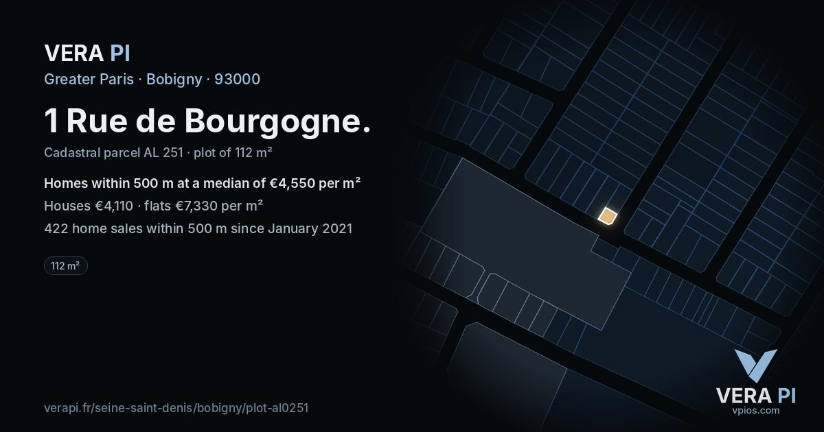 1 Rue de Bourgogne, Bobigny at night – the plot lit, the parcels around coloured by the prices near them