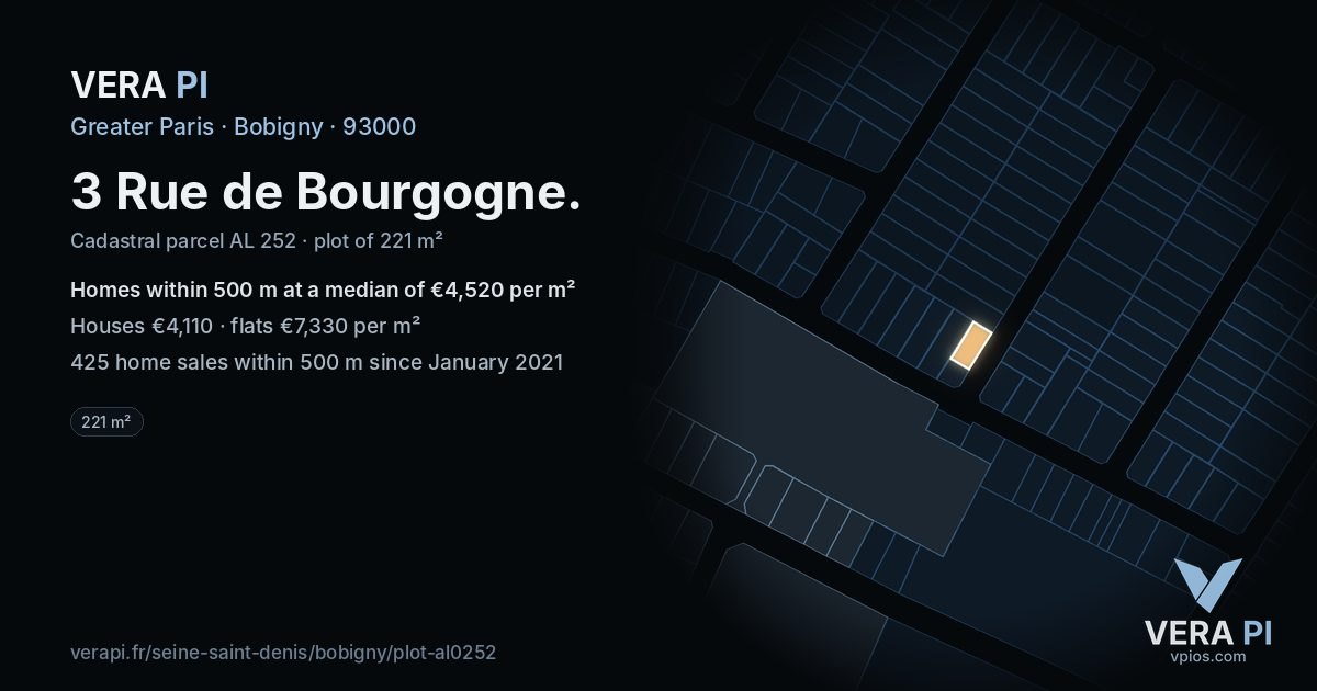 3 Rue de Bourgogne, Bobigny at night – the plot lit, the parcels around coloured by the prices near them