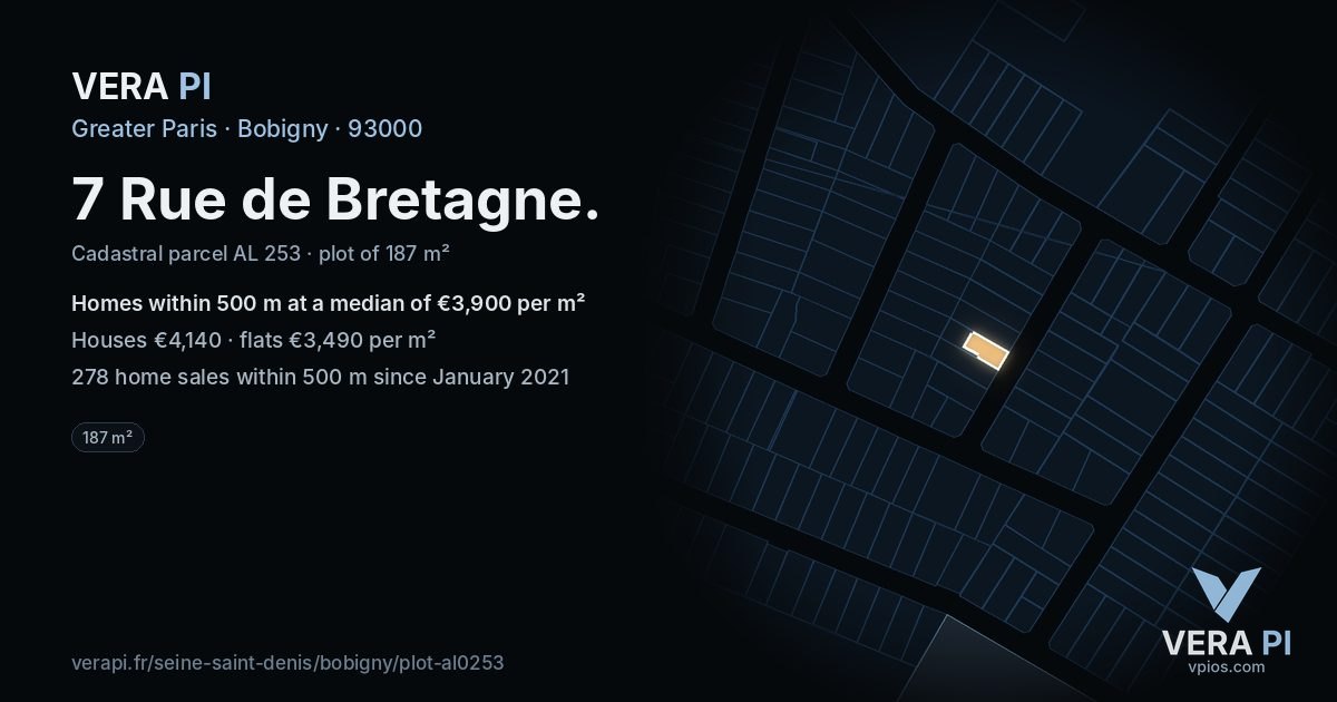 7 Rue de Bretagne, Bobigny at night – the plot lit, the parcels around coloured by the prices near them