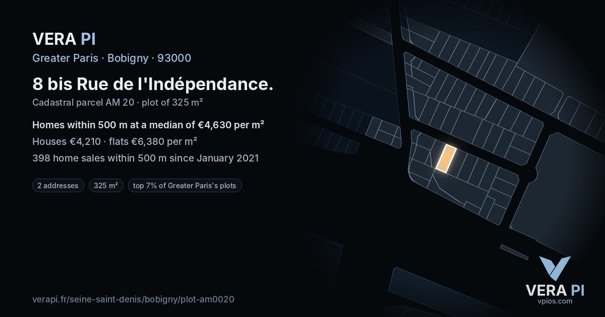 8 bis Rue de l'Indépendance, Bobigny at night – the plot lit, the parcels around coloured by the prices near them