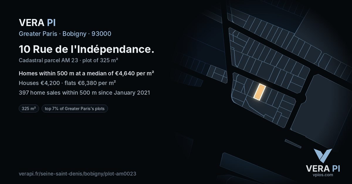 10 Rue de l'Indépendance, Bobigny at night – the plot lit, the parcels around coloured by the prices near them