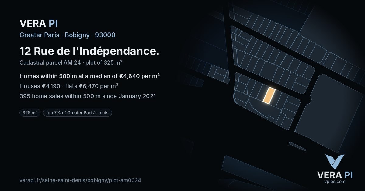 12 Rue de l'Indépendance, Bobigny at night – the plot lit, the parcels around coloured by the prices near them