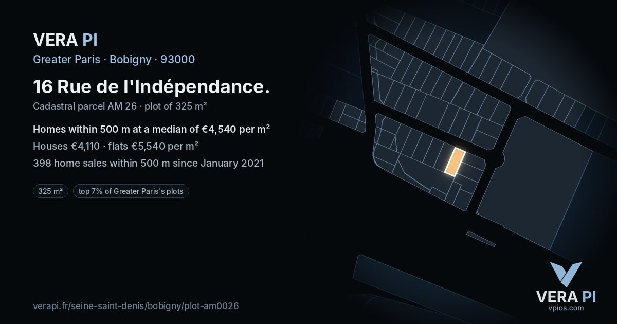 16 Rue de l'Indépendance, Bobigny at night – the plot lit, the parcels around coloured by the prices near them