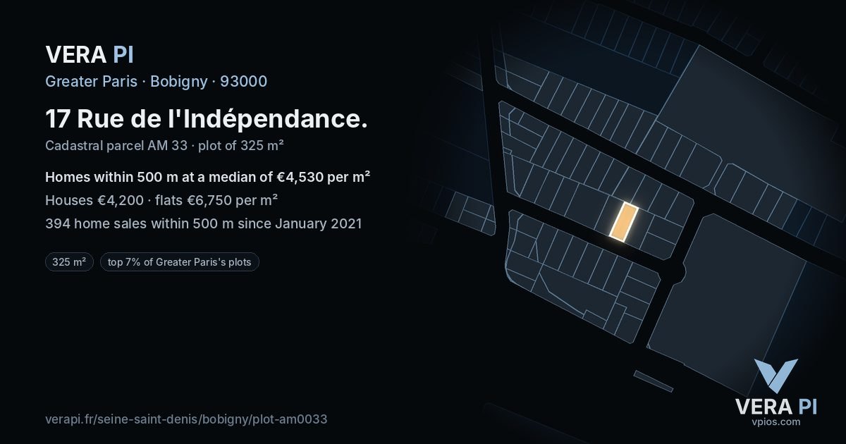 17 Rue de l'Indépendance, Bobigny at night – the plot lit, the parcels around coloured by the prices near them