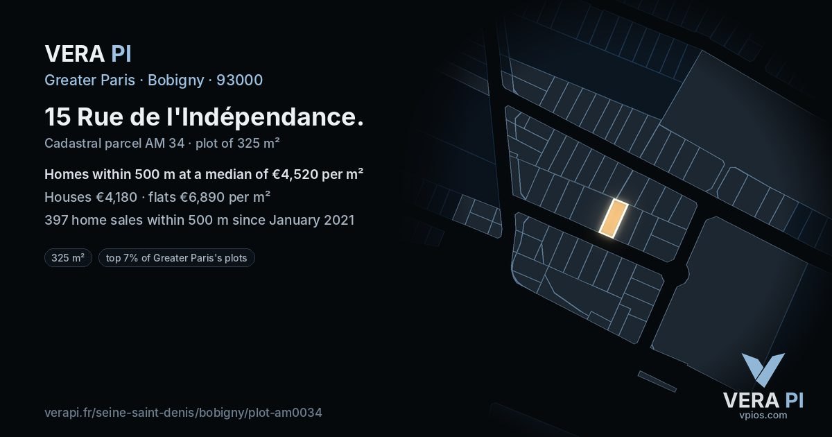 15 Rue de l'Indépendance, Bobigny at night – the plot lit, the parcels around coloured by the prices near them