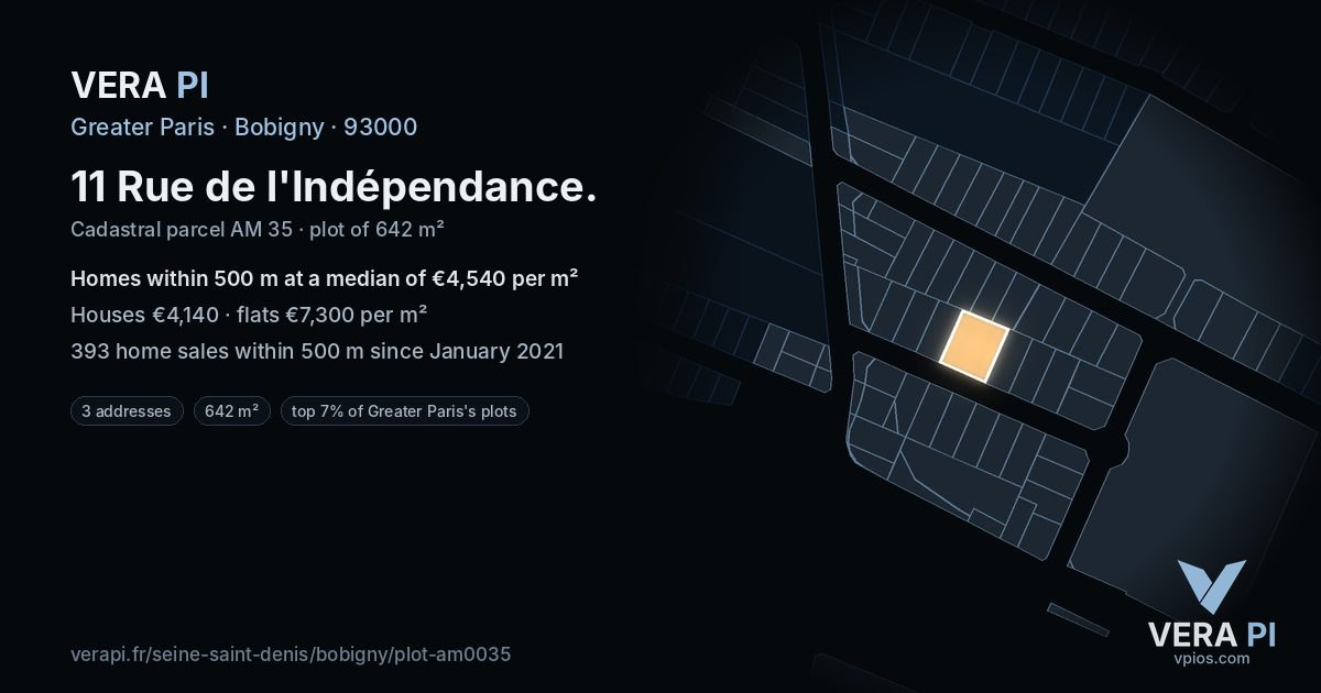 11 Rue de l'Indépendance, Bobigny at night – the plot lit, the parcels around coloured by the prices near them