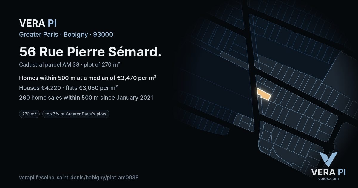 56 Rue Pierre Sémard, Bobigny at night – the plot lit, the parcels around coloured by the prices near them