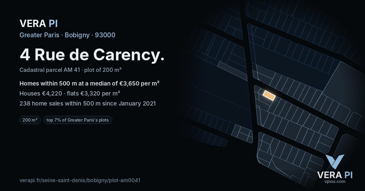 4 Rue de Carency, Bobigny at night – the plot lit, the parcels around coloured by the prices near them