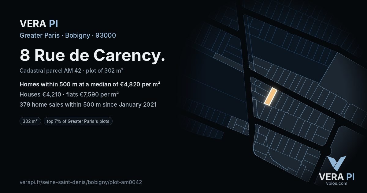 8 Rue de Carency, Bobigny at night – the plot lit, the parcels around coloured by the prices near them