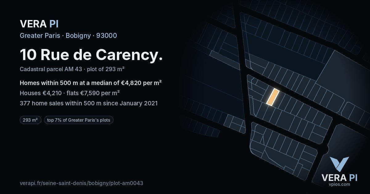 10 Rue de Carency, Bobigny at night – the plot lit, the parcels around coloured by the prices near them