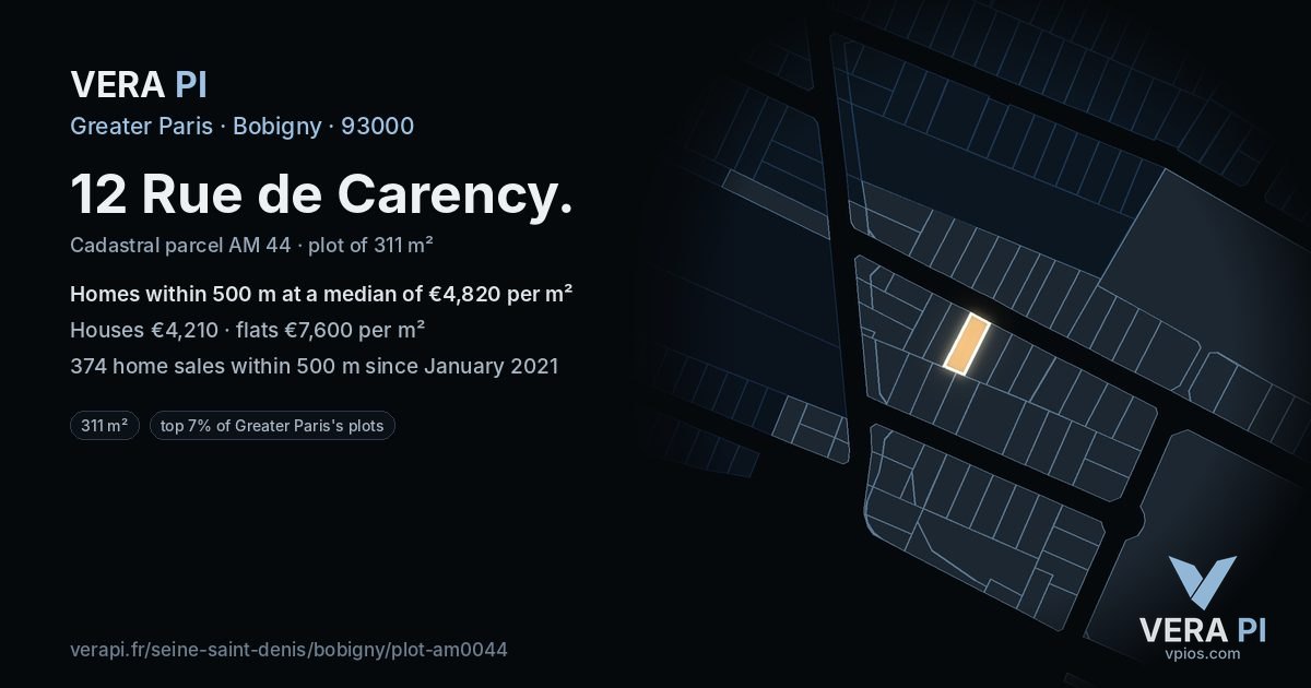 12 Rue de Carency, Bobigny at night – the plot lit, the parcels around coloured by the prices near them